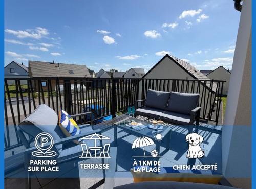 Goeland apt confortable avec belle terrasse 3 chambres parking privatif à 900 m de la plage et tous commerces près de Bayeux sur plages du débarquement