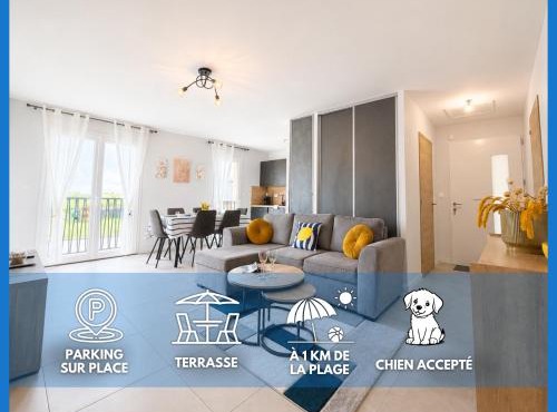 Heron apt confortable avec belle terrasse 3 chambres parking privatif à 900 m de la plage d'Asnelles et tous commerces, bars et restaurants près de Bayeux sur plages du débarquement